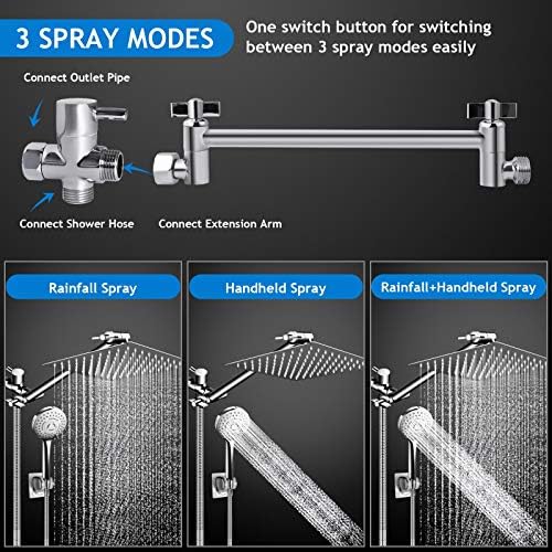 Shower Head Combo,10" High Pressure with 11" Extension Arm 5 Spray Handheld - Image 3