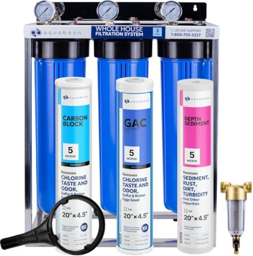Aquaboon 3-Stage Whole House Water Filter System with 5 Micron 20x4.5 House Water Purification Reducing Sediment and Odors, Carbon Chlorine Reduction Filter (CTO), Pressure Gauge, Wrench, Bracket by Aquaboon