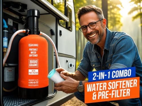 RV Water Softener Portable with Integrated 2 Stage Water Filter System - 16,000 Grain, 3/4" GHT Fittings, Convenient Water Softener for RVs, Trailers, Boats, Mobile Car Washing, Pressure Washing - Image 2