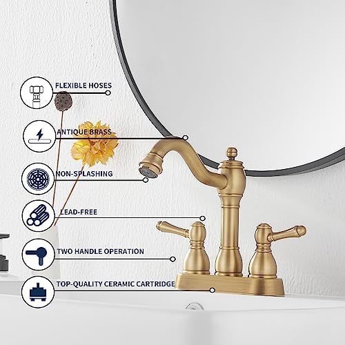 Antique Brass Bathroom Faucet, 2 Handles, 4 Inches Centerset - Image 5