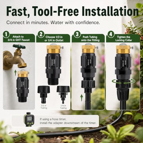 Drip Irrigation Faucet Adapter Kit, 25 PSI, 1/2 & 1/4 Inch Tubing, 1 Pack - Image 6
