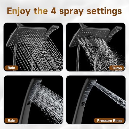 BRIGHT SHOWERS High Pressure Dual Shower Head Combo with Rainfall & Handheld, 4 Spray Settings, Tool-Free Installation, 60" Stainless Steel Hose, Matte Black - Image 2
