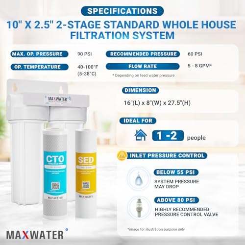 Max Water 2 Stage (Sediment, Odor & Improving Taste) Whole House 10 inch, Standard Water Filtration System - White Housing - Sediment + CTO - ¾ Inlet/Outlet - Image 2