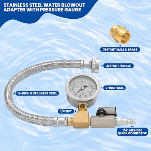 MEASUREMAN Garden Hose Blowout Kit, 0–60 PSI Pressure Gauge, 12'' Stainless Steel Braided Hose, 3/4 Inch GHT, 1/4 Inch Quick Connect Blowout Plug with Shut Off Valve for Garden Faucet - Image 3