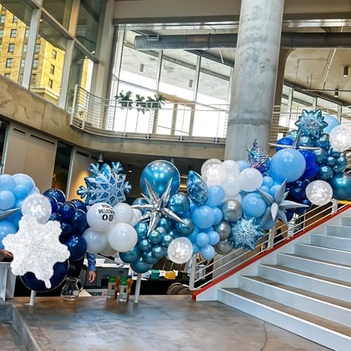 Winter Wonderland Snowflake Balloon Garland Arch Kit, 108PCS Blue and White Silver Christmas Balloons with Snowflake Foil Balloons for Snow Princess Holiday Xmas New Year Birthday Party Decorations - Image 3