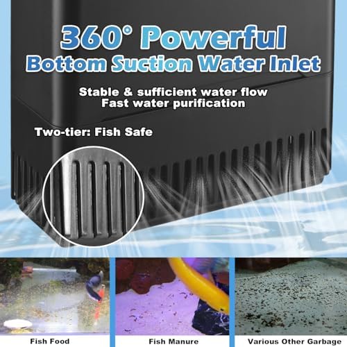 Large Powerful Turtle Tank Filter U V-ery for 40-155 Gal, Low Water Filter Turtle Water Filter for Amphibians Frog Fish Fresh Saltwater Cloudy Green Water Crystal Clear with Turtle Tank Deodorization - Image 5