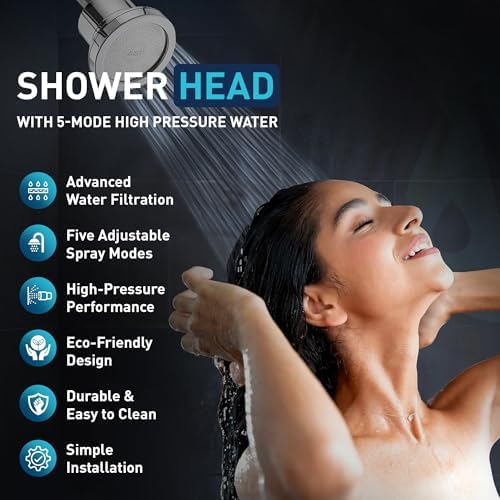 Mist Shower Filter Head for Hard Water Improves Skin, Hair, and Nails - 5 Modes High Output Filtered Shower Head with Filter Softens Water and Removes Chlorine and Heavy Metals, Chrome - Image 2