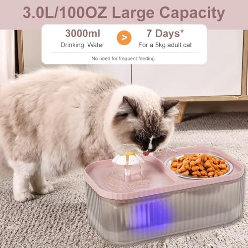 Marchul Cat Water Fountain and Stainless Steel Food Bowl, 100oz/3L Super Quiet Automatic Pet Water Dispenser with Smart Pump and 3 Replacement Filters for Cats and Small Dogs, Pink - Image 2