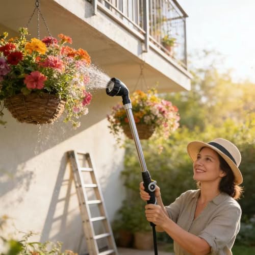 Watering Wand for Hanging Baskets & Windows, Lightweight 6-Spray Wand, Ergonomic Nozzle for Garden, Patio, Car Cleaning (Silver- Black, 22 Inch) - Image 2