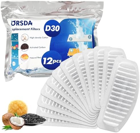 ORSDA Cat Water Fountain Filters, Replacement Carbon, Resin Filter ONLY for D30 67oz/2L Automatic Cat Fountain Dog Water Dispenser, 4 Filtration System (12PCS Filters） by ORSDA