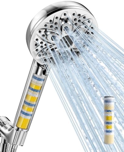 6-Setting Filtered Handheld Shower Head, JDO High Pressure Shower Head with Replaceable Filter Cartridge 4.7 Inch Detachable Showerhead for Chlorine Hard Water Removal 59 Inch Stainless Steel Hose by JDO