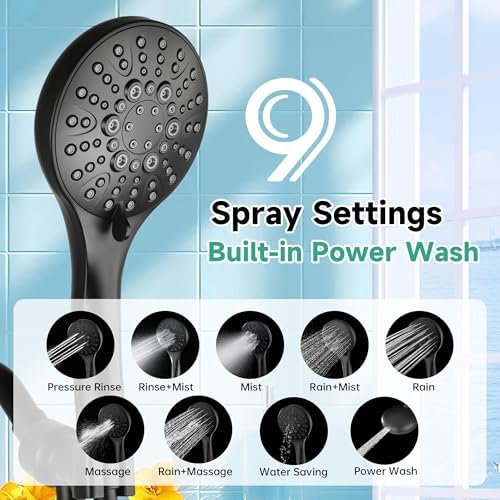 BRIGHT SHOWERS High Pressure Shower Head with Handheld, 9 Spray Settings Showerhead Built in Power Wash to Clean Tub and Pets, Extra Long 69" Hose, Adjustable Bracket, Matte Black - Image 2