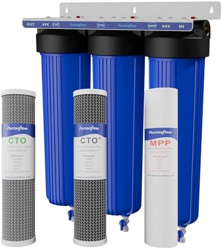 3-Stage Whole House Water Filter System, 20x4.5 Inch, Includes 2 Sets of PP, CTO & PFAS Carbon Block, 1" NPT Brass Ports, Drain Valves, Wrench & Install Kit by Purcooflow