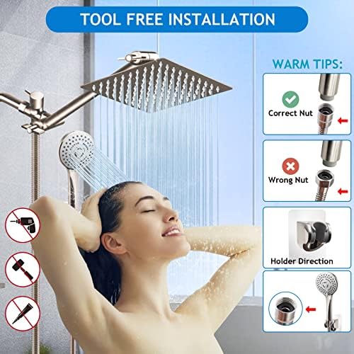 Shower Head Combo(Brushed Nickel),8 Inch High Pressure Rain Shower Head with 11 Inch Adjustable Extension Arm and 5 Settings Handheld Shower Head Combo,Powerful Shower Spray Against Low Pressure Water - Image 6