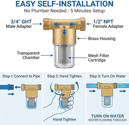 40 Micron Brass Inline Spin Down Sediment Water Filter for Washer, Washing Machine, Shower, Well Water, with 3/4" GHT +1/2" NPT Adapter + 3/4" GHT Female Garden Hose Faucet Nozzle Connector (Brass) - Image 4