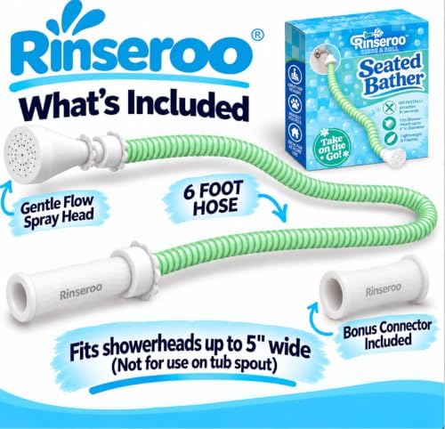 Rinseroo: Seated Bathing Hose. Slip-On Handheld Shower Attachment w/Spray Head. Converts Fixed Shower Head into Handheld Bather. Portable, No-Install Shower Hose Wand for Seniors, RV. Gravity fed - Image 4