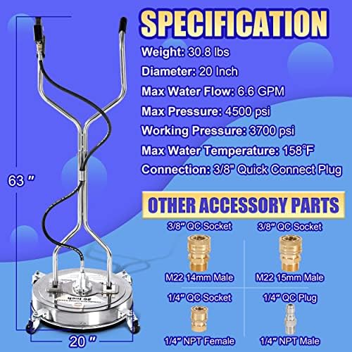 PWACCS 20" Pressure Washer Surface Cleaner with Wheels, Stainless Steel - Image 6