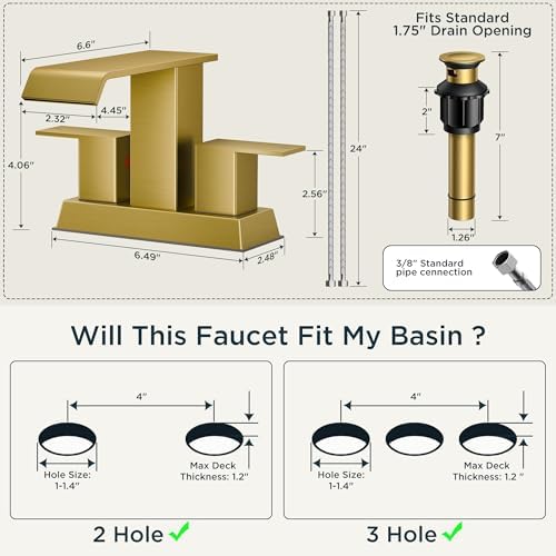 FORIOUS Bathroom Faucets 3 Hole for 4 Inch Centerset Sink Brushed Gold - Image 2