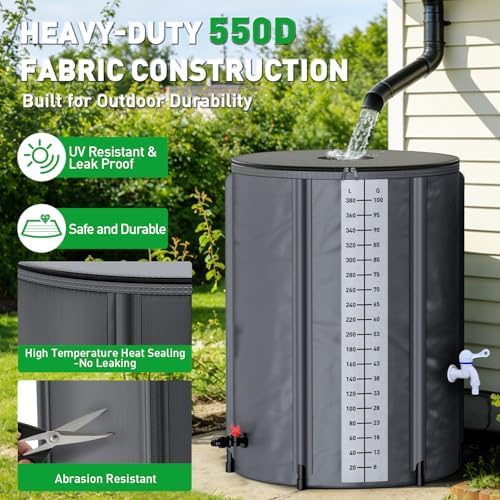 Yesker Collapsible Rain Barrel, 100 Gallon Portable Rainwater Collection System, 550D PVC Water Storage Tank, Rain Catcher with Spigots Filter Overflow Kit, Grey - Image 4