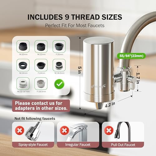 Frizzlife Water Filter for Sink Faucet, 2 Filters Certified Reduce 99% Lead, Heavy Metal For Skin Care, 360° Rotating＆304 Stainless Steel Tap Purifier for Kitchen Sink/Bathroom, 700 Gallons, FS99 - Image 3