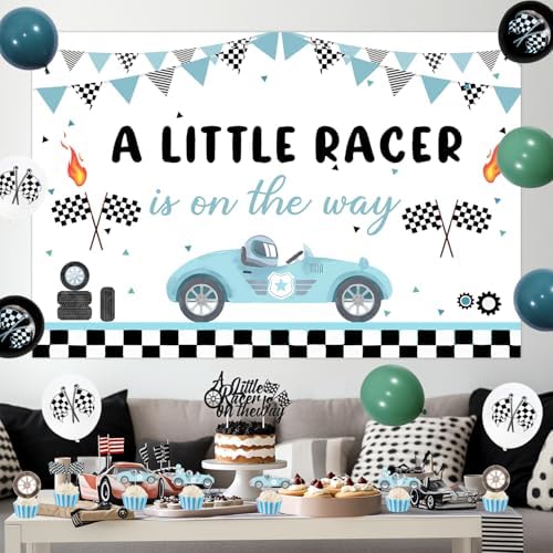 Race Car Baby Shower Decorations A Little Racer is On The Way Backdrop Glitter Vintage Racing Car Banner Cake and Cupcake Toppers Blue Green Checkered Flag Balloons for Boys Baby Shower Party Supplies - Image 2