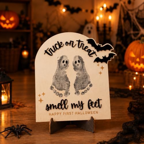 Baby First Halloween Handprint Kit, Trick or Treat Smell My Feet Sign, Halloween Footprint Craft Sign, DIY Baby Handprint & Footprint Keepsake Plaque, Halloween Nursery Decor - Image 6