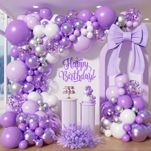 150Pcs Purple Balloons Garland Arch Kit - 5 10 12 18 inch Lavender Pastel Metallic Purple Confetti Balloons Silver White Latex Balloon for Girl Birthday Baby Shower Princess Party Decorations by Unknown