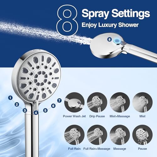Filtered Shower Head with 8 Spray Modes, High Pressure Handheld Showerhead Filter for Hard Water Filtering Showerhead with Hose(N8HS702CP-NA) - Image 2