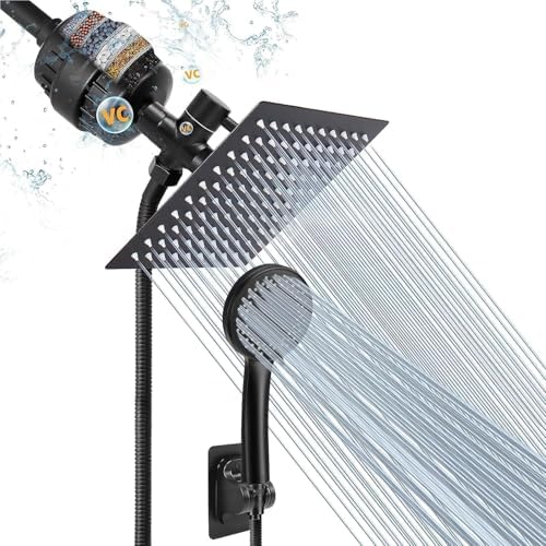NearMoon Filtered Rain Shower Head, High Pressure 8″Square, and 5 settings Handheld Shower Filter Combo with Self-adhesive Holder/1.5M Hose -1 Replaceable Filter Cartridge (Matte Black) by NearMoon