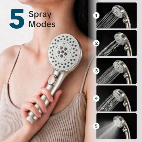 OFFO Shower Head with Hose, 5 Mode Handheld Shower Head with On Off Switch for Water Saving, High Flow Powerful Boosting Showerheads with 60" Stainless Steel Hose, Brushed Nickel - Image 5