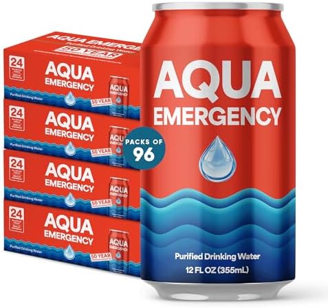 Aqua Emergency Drinking Canned Water- (96 Cans) 12 fl Oz (50 Years) Shelf Life for Everyday Hydration, Emergency, Survival Use-Purified via Reverse Osmosis | Plant-Based, BPA Free, Eco-Friendly Packaging, Made in USA -4 Case by AquaEmergency