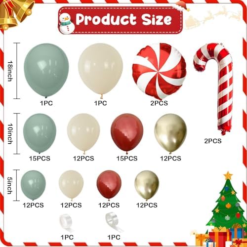 Christmas Balloon Garland Arch Kit, 111PCS Red Green Gold White Balloons with Lollipop Candy Cane Mylar Foil Balloon Arch for Xmas Party Holiday Wedding Birthday New Year Decorations - Image 2