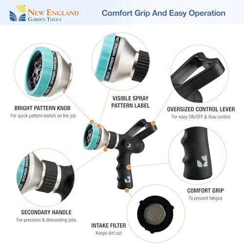Heavy Duty Metal Fireman’s Hose Nozzle 500003, 10-Pattern Hose Sprayer with Lever Control & Comfort Grip, High Flow Design, by New England Garden Tools, for Watering Plants, Yards, Washing Cars & Pets - Image 3