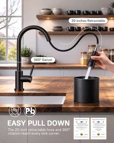 WEWE Pull-Down Kitchen Faucet, 3-Mode Sprayer, Oil Rubbed Bronze, High Arc - Image 3