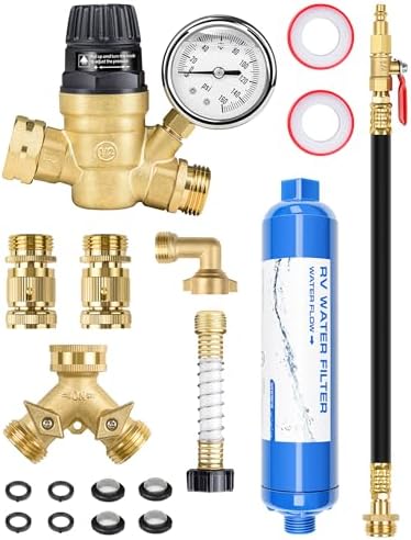 RV Water Pressure Regulator Kit, RV Fresh Water Kit All-in-One Sprinkler Blowout Adapter, Inline Water Filter, Hose Splitter, Brass Elbow, Flexible Connector, Hose Quick Connects, Leak Repair Kit by Sulythw