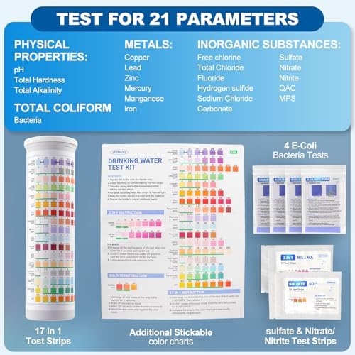 21-in-1 Home Drinking Water Testing Kit,145 Strips + 4 Bacteria Tests,Tap and Well Water Test Kit, Easy to Test and Read Home Test Strips for Hardness, Lead, Iron, Fluoride, pH, Copper and More - Image 3
