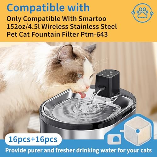 16 Sets Replacement Filter & Sponges for Smartoo 152oz/4.5L Pet Cat Water Fountain, Fountain Filters Compatible with Wireless Stainless Steel Cat Water Fountain PTM-643 - Image 2