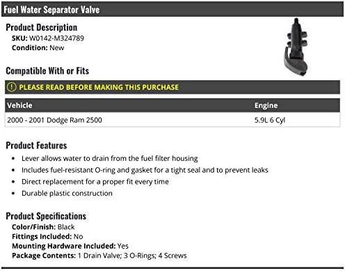 Marketplace Auto Parts Fuel Water Separator Valve - with O-Rings and Screws - Compatible with 2000-2001 Dodge Ram 2500 5.9L 6-Cylinder - Image 2