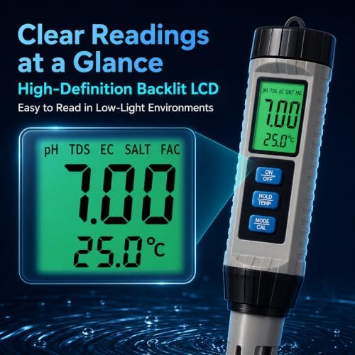Salt Tester for Saltwater Pool, 8 in 1 Multi-Parameter Water Analysis,pH Tester、TDS、EC、Salinity、ORP、SG、CL、Temp、EC Meter for Pool Hot Tub Swimming Aquarium,Professional Water Tester for Drinking Water - Image 4