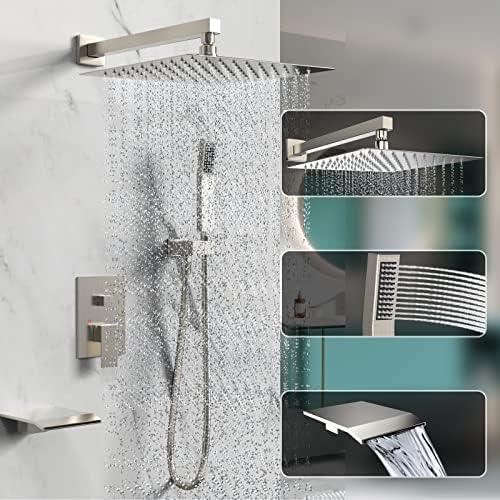 Brushed Nickel Shower System Rain Faucet Set with Tub Spout,12 inch - Image 2