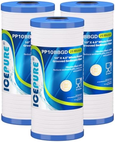 ICEPURE 10" x 4.5" Whole House Grooved Sediment Filter, Replacement for 3M Aqua-Pure AP810, AP801, AP811, Whirlpool WHKF-GD25BB, GE FXHTC, GXWH40L, GXWH35F, GNWH38S, 3PACK (25 Micron) by ICEPURE