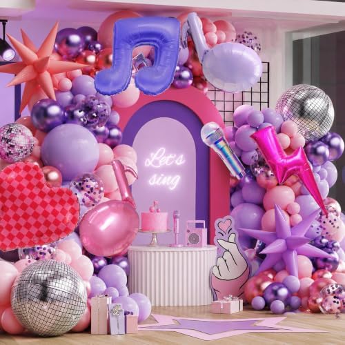 K POP Music Birthday Decorations, 162Pcs Pink Purple Balloon Garland Arch Kit with Music Note, Disco Ball, Checkered Heart, Lightning and Star Foil Balloons for Movie Singer Theme Party by SUNPROUND