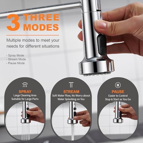 TIORIY Kitchen Faucet Spray Head Replacement with 15 Adapters, Plastic Spray Nozzle for Kitchen Faucet 3 Modes, Compatible with American Standard Faucets, Pause Mode (Chrome) - Image 2