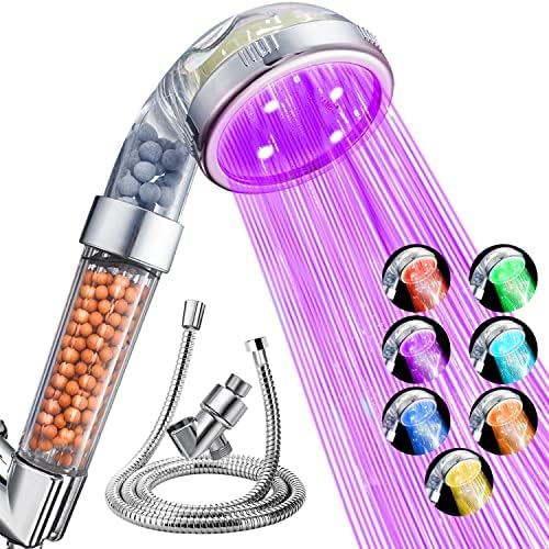 Nosame® Led Shower Head with Hose and Bracket, Filter Filtration High Pressure Water Saving 7 Colors Automatically No Batteries Needed Spray Handheld Showerheads 1.6 GPM for Dry Skin & Hair by Nosame