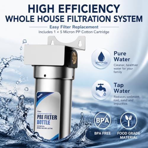 Whole House Water Filter Housing, 304 Stainless Steel, Fits Standard 10" x 2.5" Sediment Filters, 3/4" Brass Port Pre-Filter System for Well & City Water, Includes Wrench and 1 PP Sediment Filter - Image 5