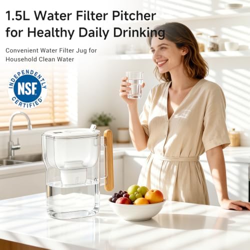 Water Filtration Pitcher with 2 Replacement Filters, Premium Wood Handle, BPA-Free Water Filter Pitcher, Improves Tap Water Taste, Refrigerator-Friendly Design - Image 5