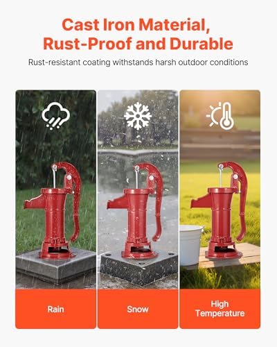 VEVOR Well Hand Pitcher Pump, 25 ft Maximum Lift, Antique Cast Iron Manual Hand Water Pump, NPT 1-1/4 in Connection, Easy Installation, Old Fashioned for Outdoor Garden, Pond, Backyard, Farm, Red - Image 3