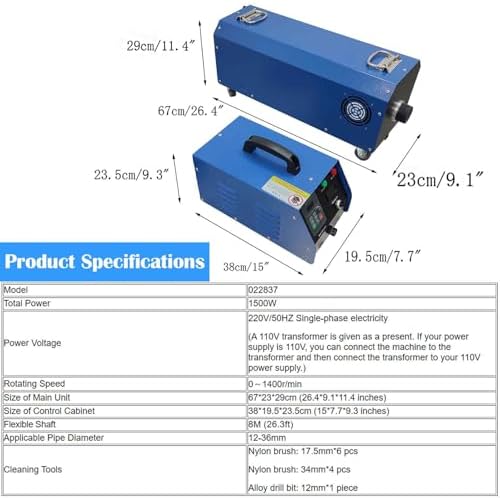 1500W Industrial Boiler Tube Cleaner, Heat Exchanger & Evaporator Cleaning Machine with 26ft Flexible Shaft & Brushes, for 0.47-1.42 Inch (12-36mm) Pipes, 110V/220V - Image 3