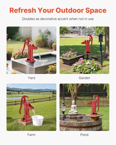 VEVOR Well Hand Pitcher Pump, 25 ft Maximum Lift, Antique Cast Iron Manual Hand Water Pump, NPT 1-1/4 in Connection, Easy Installation, Old Fashioned for Outdoor Garden, Pond, Backyard, Farm, Red - Image 6