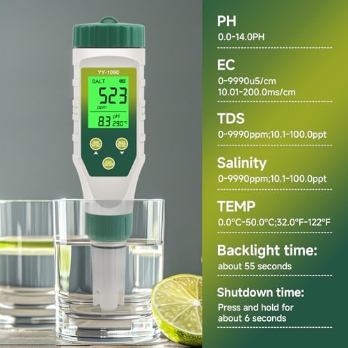 PH Meter & TDS Meter 5 in 1 Water Tester pH/TDS/EC/Salt/Temp Meter,PH Meter for Water with LCD Backlit,pH Tester Digital for Drinking Water. - Image 3